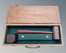 A wooden gavel and block in teak presentation box.
