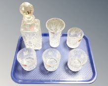 A Royal Albert crystal decanter with stopper, similar vase and set of four tumblers.