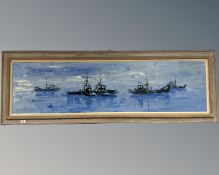 20th century school : Fishing boats at sea, oil on canvas, indistinctly signed, 150cm by 39cm.