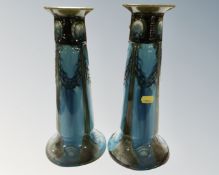 A pair of Minton Ltd Secessionist turquoise glaze vases (height 30cm)