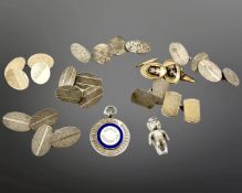Five pairs of silver cuff links, another mismatched silver pair and a gold-plated enamelled pair,
