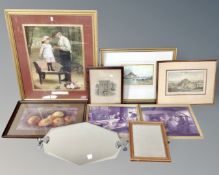 A crate containing frameless mirror, pictures and prints, gilt framed print after James Hallyar.