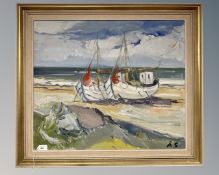 20th century school : Fishing boats moored on a beach, oil on canvas, initialled A. S.