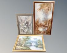 Two large contemporary oil on canvas landscape paintings and four further pictures.