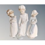 Three Nao figures of children in night dress (tallest 28cm,