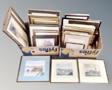 Two boxes containing antiquarian pictures and prints including 19th century hand coloured