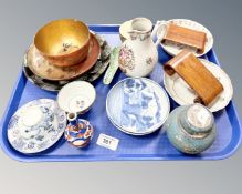 A tray of 18th century and later oriental wares including Chinese blue and white plates,