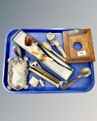 Collectables including vesta case containing matches, pipe, vintage cigar cutter, oak frame,