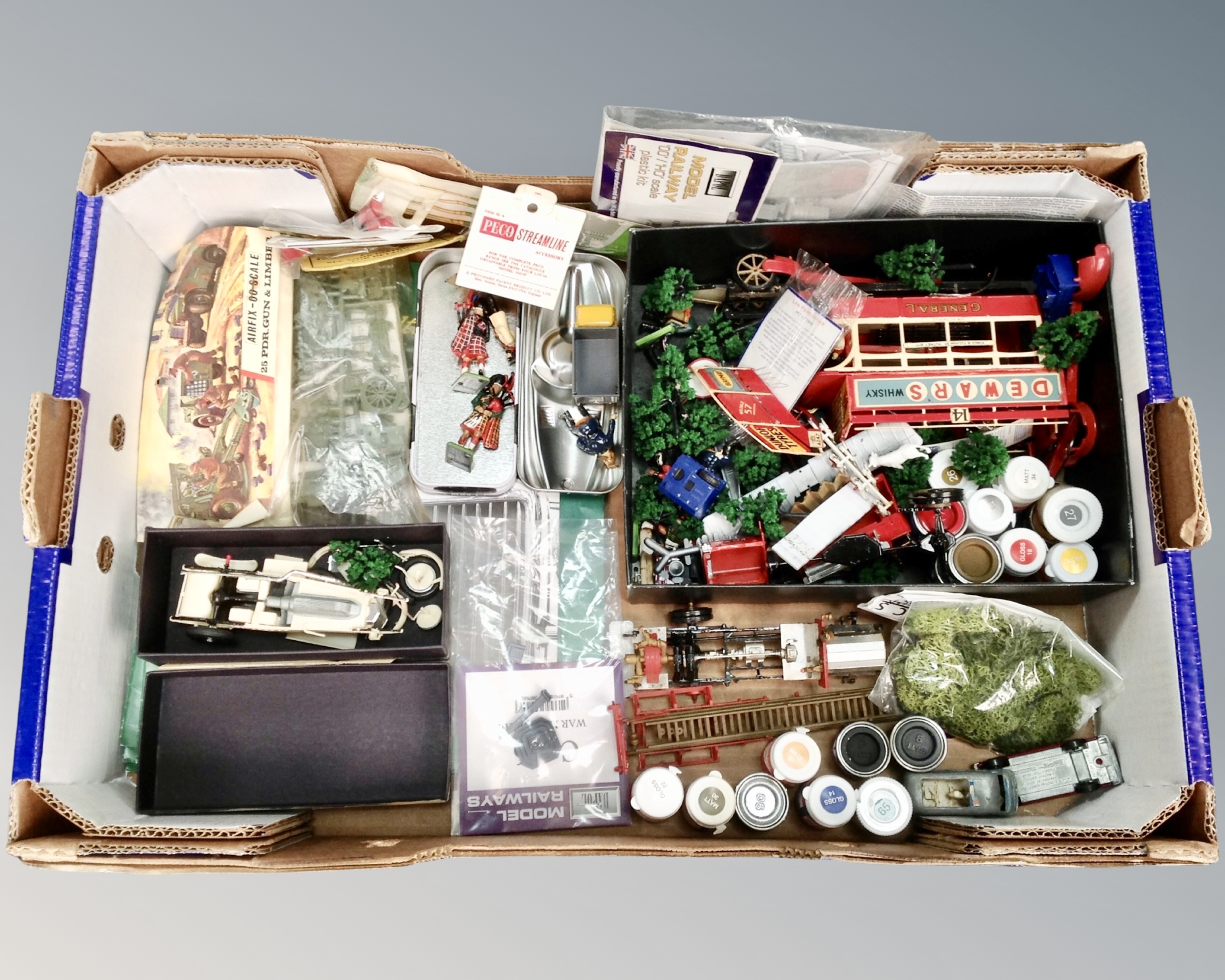 A box containing model railway building accessories and parts, two Britains bagpiper figures.