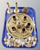 A tray containing assorted pre-decimal coins, Eastern brass coffee set on tray,