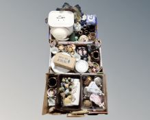 Three boxes containing assorted ceramics, vintage enamelled bread bin, figurines, Diane porcelain,