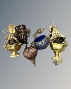 Five brass and glass eastern orthodox hanging lights/burners.