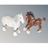 Two Beswick shire horses in grey and brown glaze.