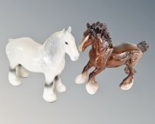 Two Beswick shire horses in grey and brown glaze.