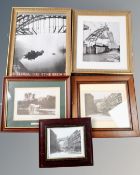 Five framed pictures of local interest including two depicting The Tyne Bridge,