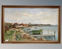 Kyhl (20th century) : Boats moored on jetties, oil on board, signed and dated 1947, 86cm by 54cm.