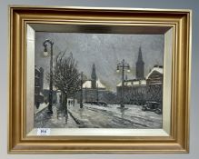 Continental School : Winter street scene, oil on board, 39cm by 29cm.