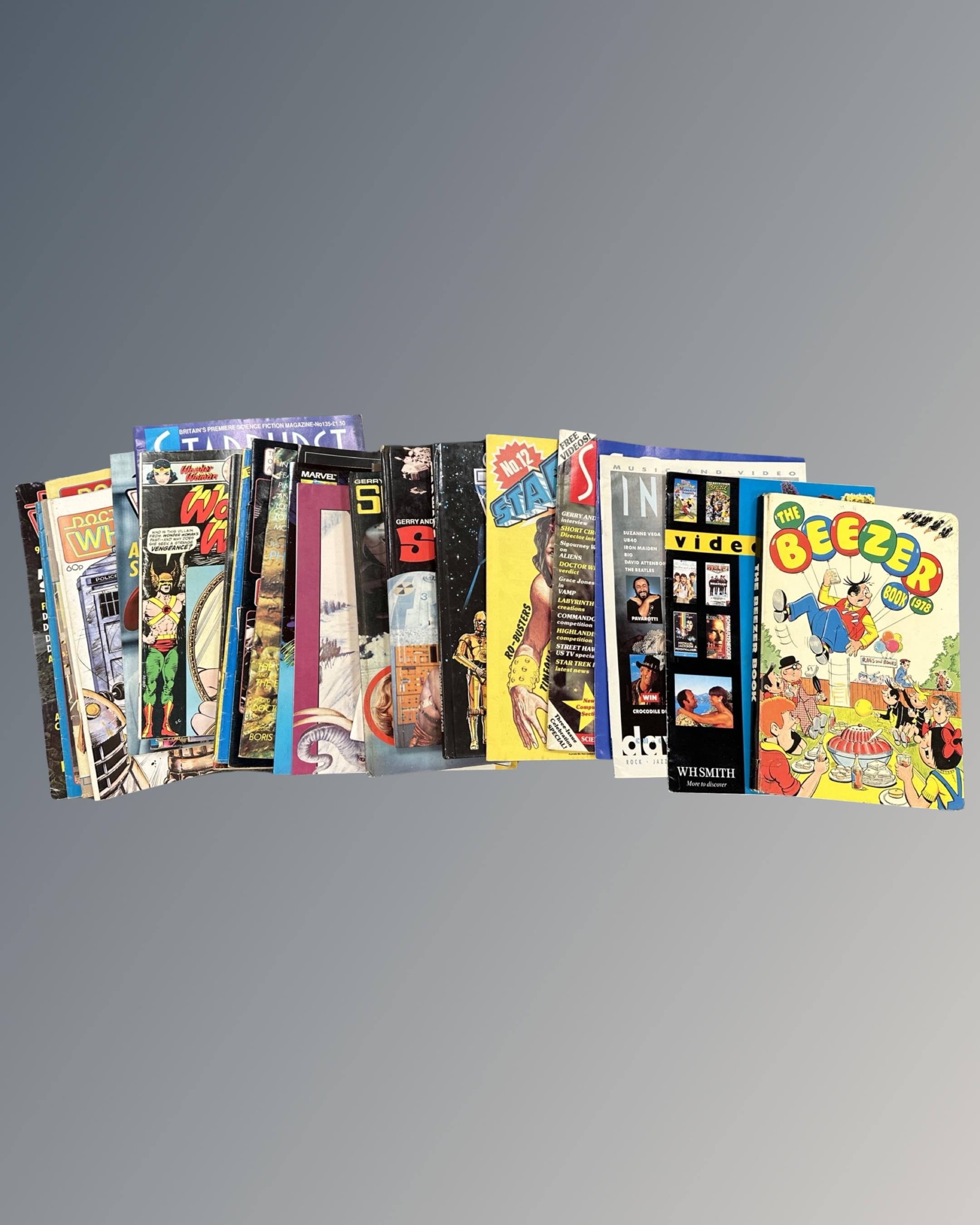 Miscellaneous comics and magazines including Wonder Woman, Thor, Doctor Who, Beezer annual,