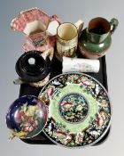 A tray containing a large Maling plaque, Maling twin handled tazza, Royal Doulton Series ware jug.