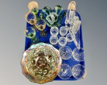 A tray containing a carnival glass dish modelled with fruit, a collection of liqueur glasses etc.