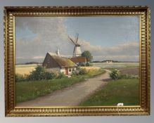 Continental school : Dutch cottage with windmill, oil on canvas,