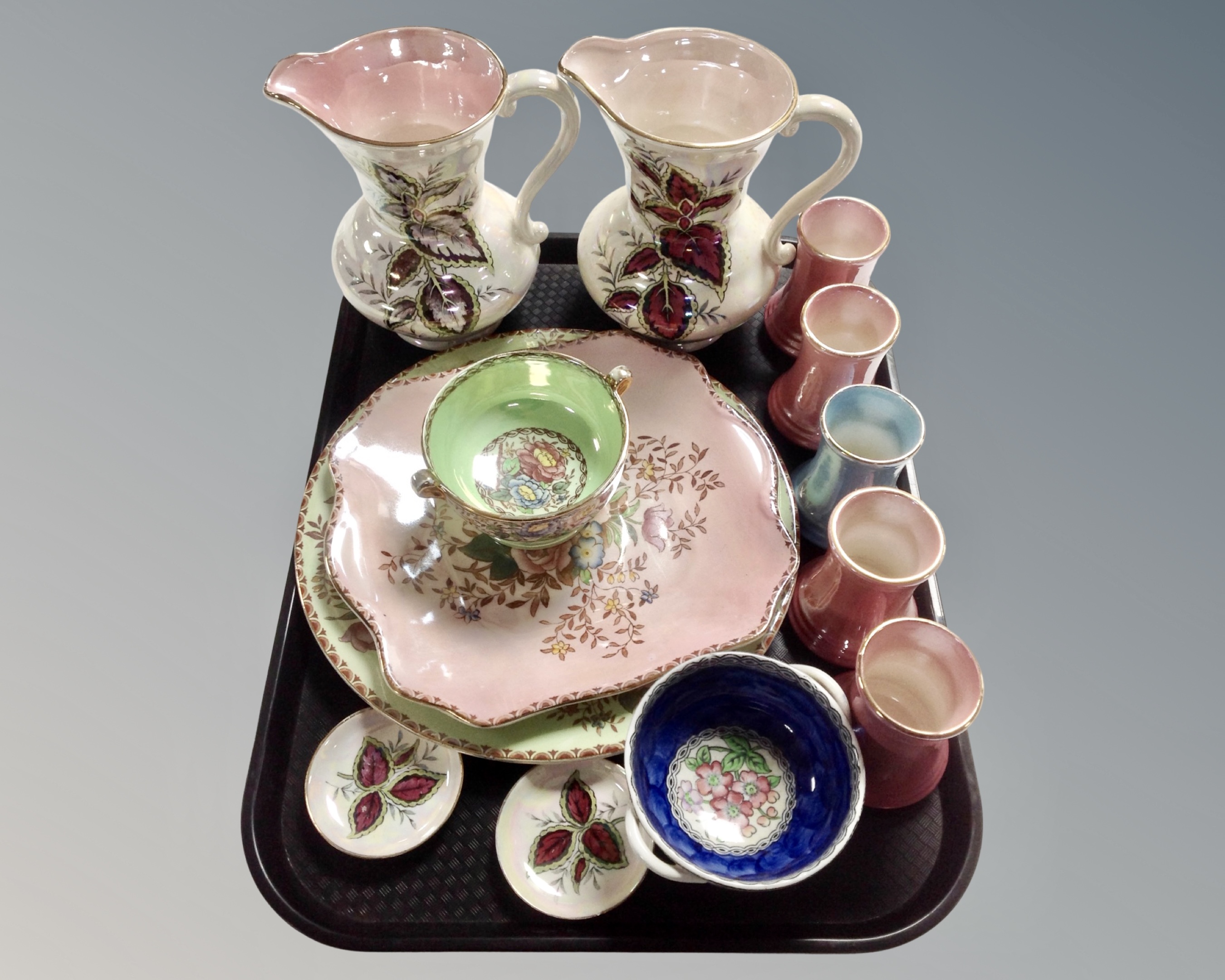 A tray containing Mailing lustre vases, plates, pin dishes etc.