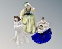 Four Royal Doulton figures, Buttercup HN2309, Christmas Day HN3488, Elaine HN3214 and Sara HN3219.