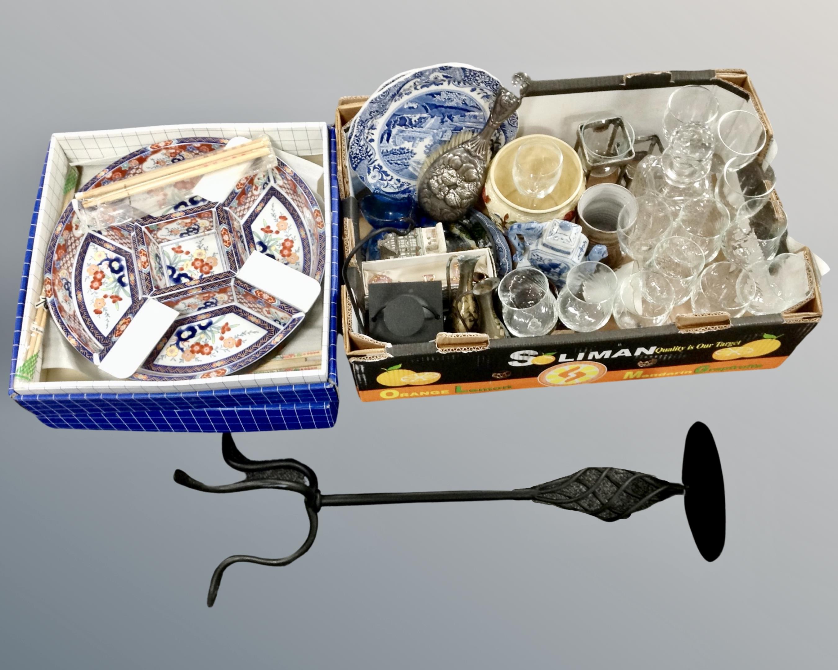 Two boxes containing oriental porcelain, hors-d'oeuvres dish, chopsticks, decanter with stopper,