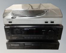 A Sony stereo receiver STR-DE405, a Sony CD player CDP-XE200 and an Ion turntable (as found).