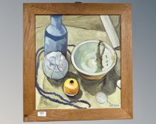 Dick Austin (20th century) : still life of pottery bowls and bottle, oil on canvas,