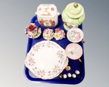 A tray containing Maling lustre lidded jar, china thimbles, china posies,