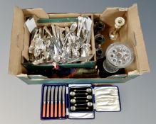 A box containing a quantity of silver plated flatware, set of EPNS butter knives,