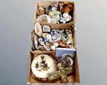 Three boxes containing ceramics, ornaments, greyhound figures, ceramic cross,