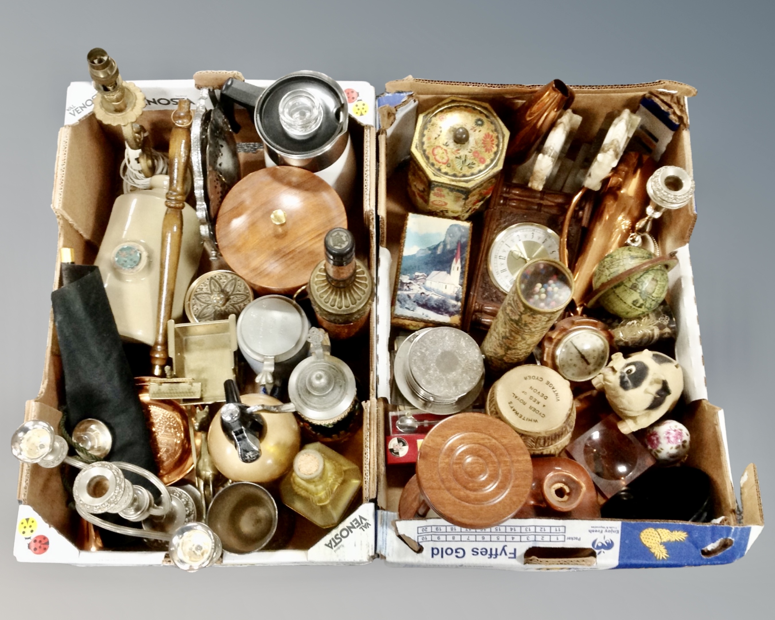 Two boxes of vintage soda syphon, beer steins, mantel clock, copper jug, egg timer,