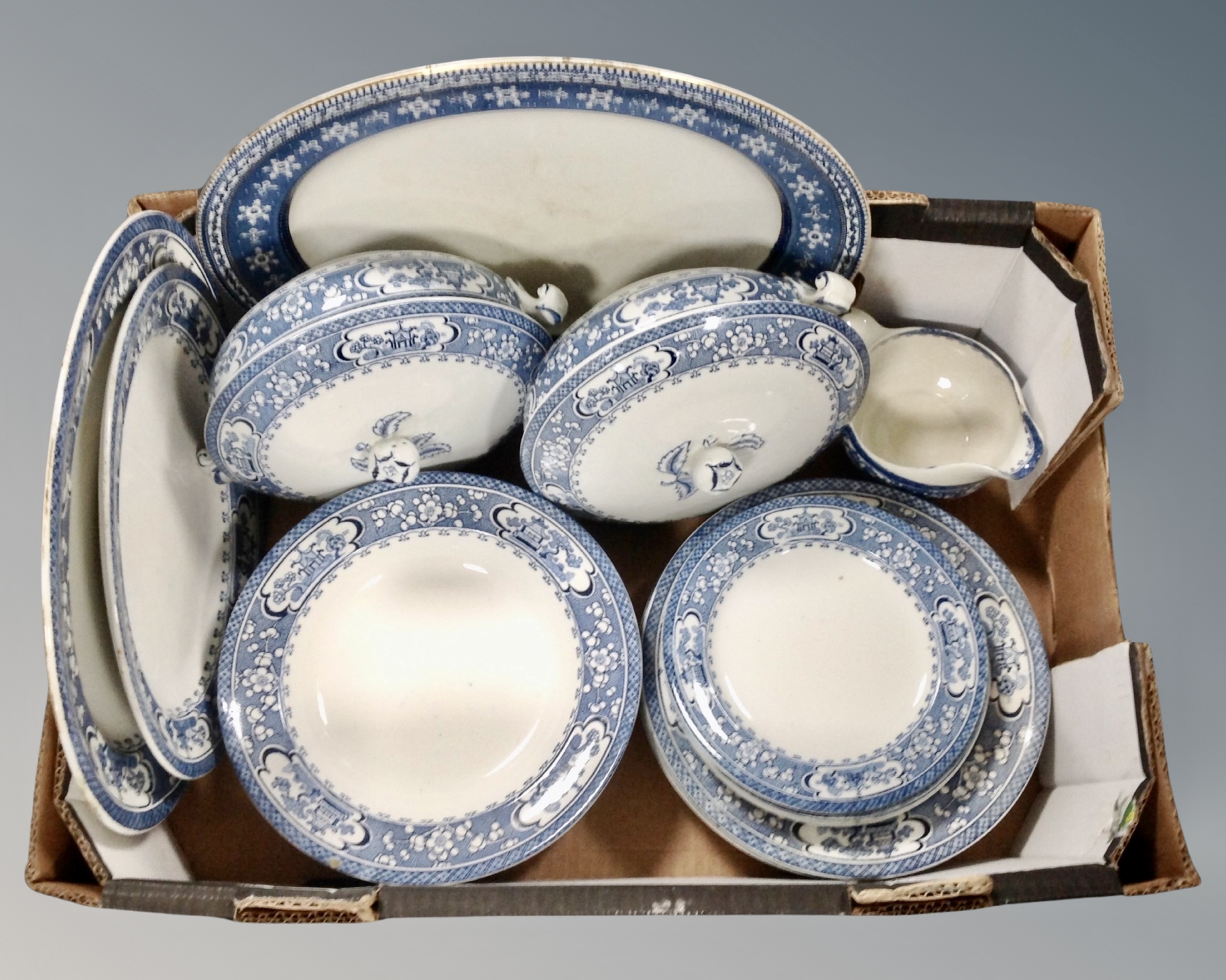 A box of Maling, blue and white Oriental dinner service, tureens,