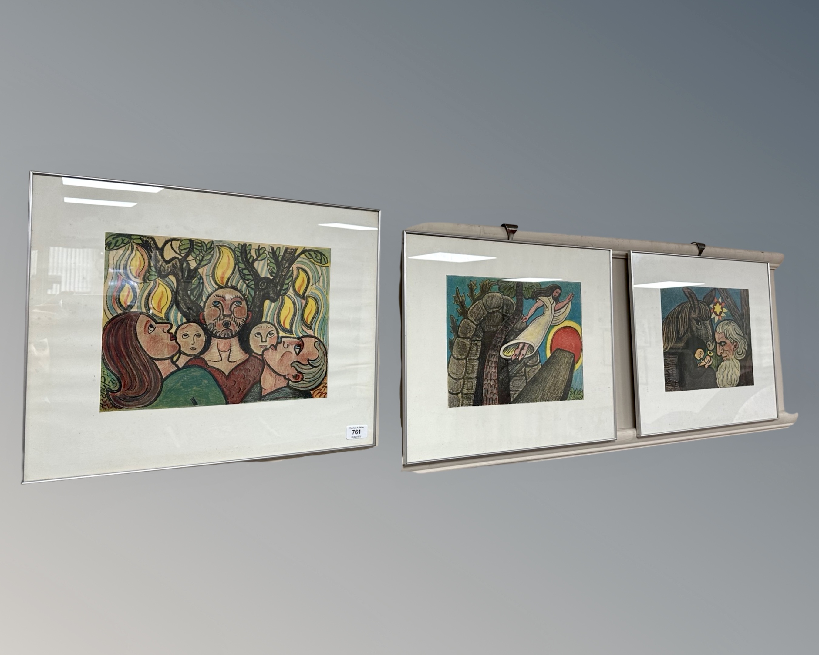 Three continental religious colour prints and a further picture