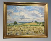 Continental school : hay fields, oil on canvas, 85 cm x 65 cm, indistinctly signed,