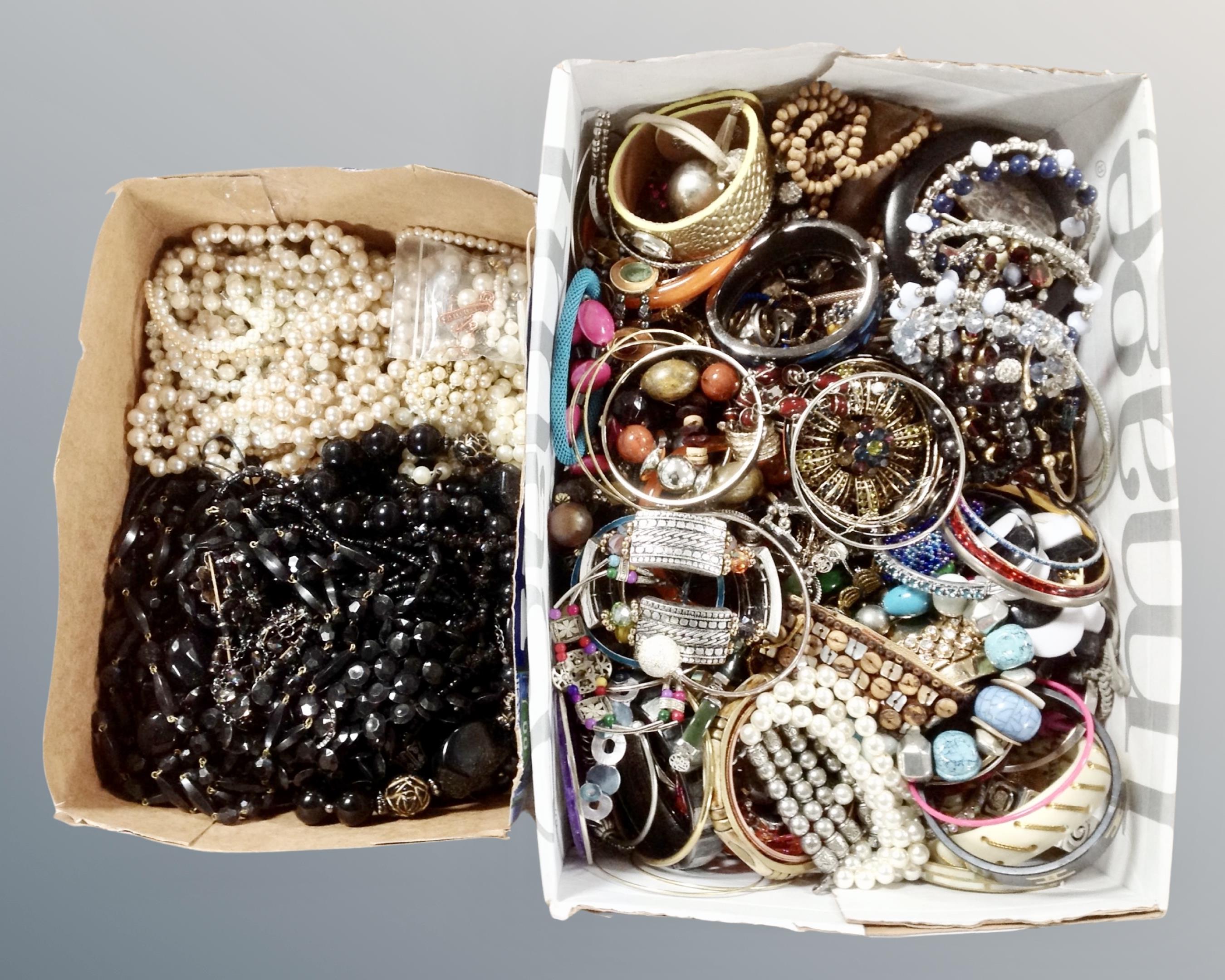 A box of mainly bracelets, box of pearls and mourning jewellery,