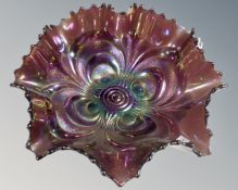 An Imperial scroll embossed stunning iridescence electric amethyst footed and ruffled bowl,