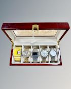 A modern watch box containing five gent's watches comprising Ben Sherman, Pulsar,