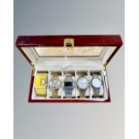 A modern watch box containing five gent's watches comprising Ben Sherman, Pulsar,