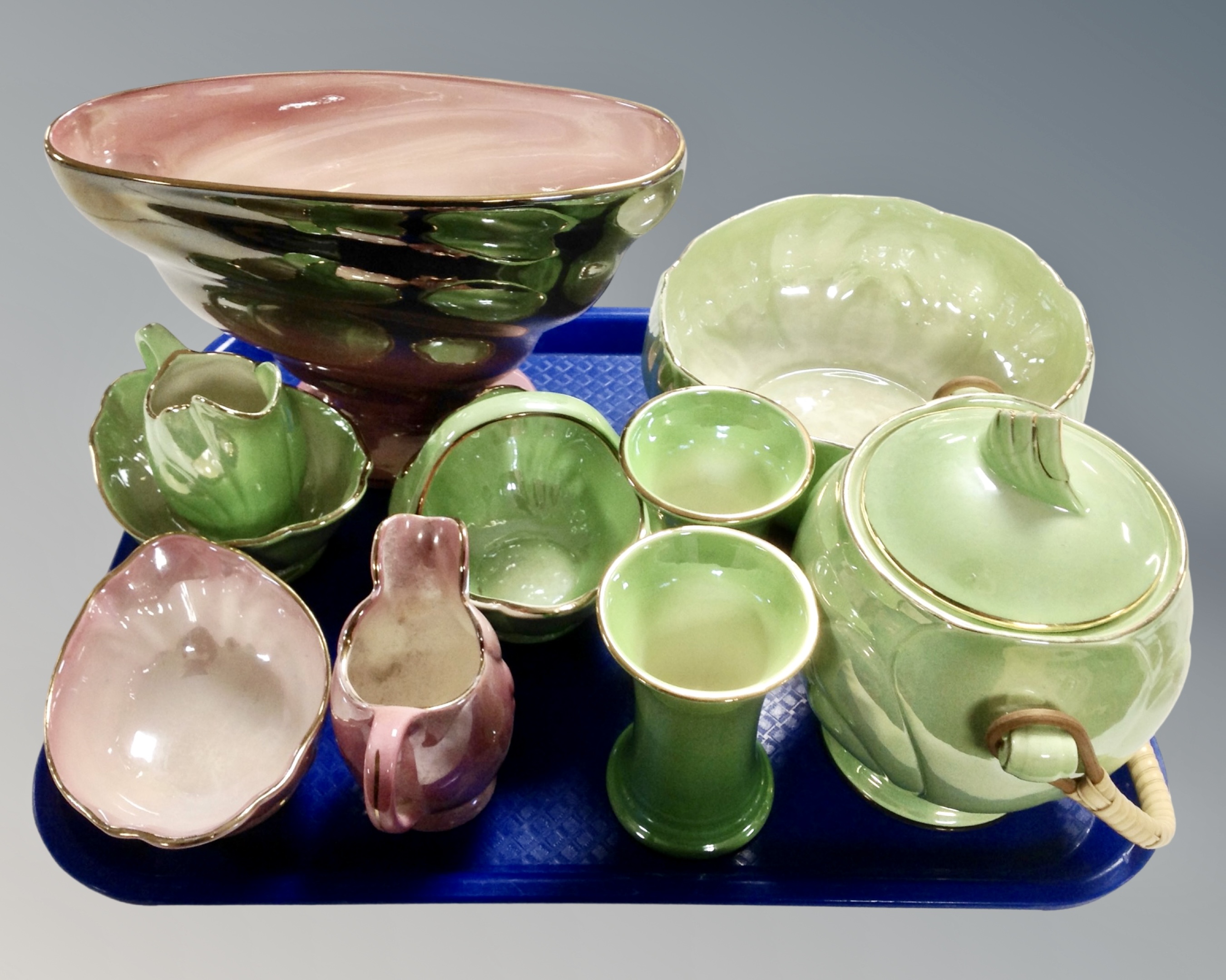 A tray containing Mailing lustre lidded pot, pair of vases, basket, jugs etc.