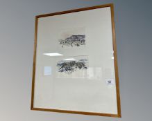 A framed pair of continental landscape studies, each 21 cm x 12 cm,