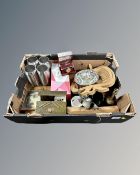 A box containing boxed Rotary wristwatch, playing cards, plated cutlery, brass hand bell,