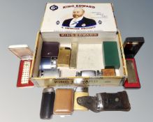 A King Edward cigar box containing rolls, razor, assorted lighters, including Ronson pipe etc.