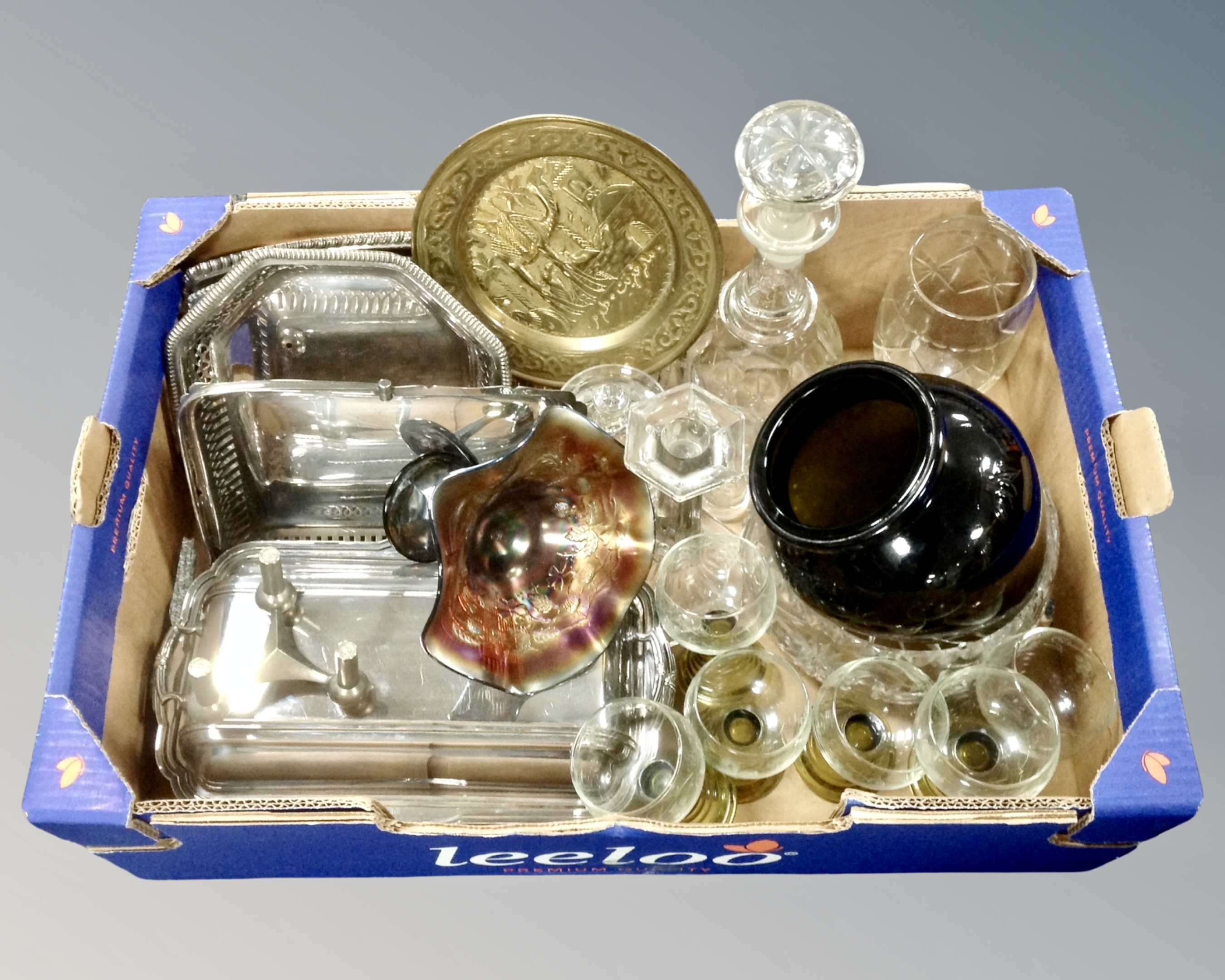 A box containing 20th century glassware including decanter with stopper, drinking glasses,