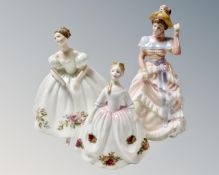 Three Royal Doulton figures, Samantha HN3304, Sharon 1994 HN3603 and Old Country Roses HN3482.