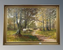 Continental school : Deer beside a woodland track, oil on canvas, 95 cm x 65 cm,