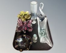 A tray containing carnival glass dish, further 20th glassware including bowls, cylindrical vase,