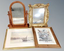 A pine dressing table mirror together with an ornate cream and gilt framed mirror and two prints.